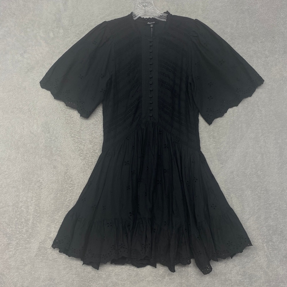 Madewell Dress Size 00 Black Eyelet Flutter Sleeve Mini Cotton Sundress NU556 - Picture 7 of 10